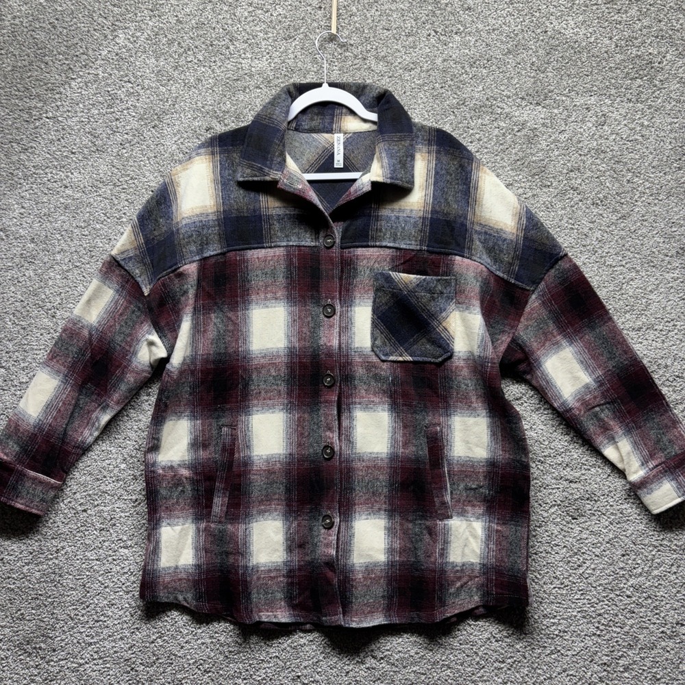Zenana Women's Red Blue Plaid Flannel Oversized Button Shacket Size Medium 50in